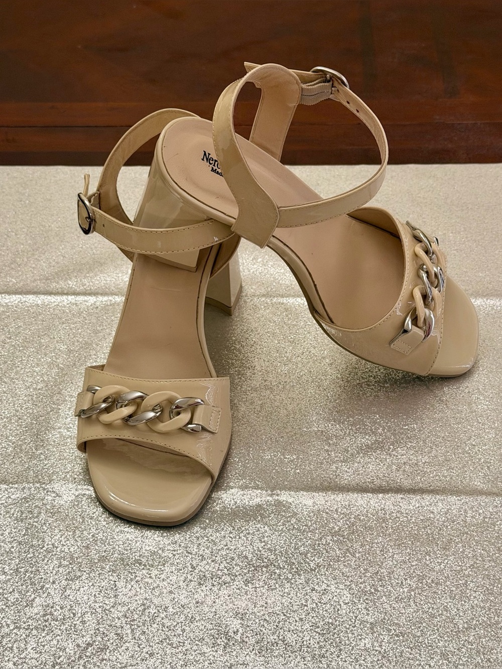 Italian Leather Nero Giardini Patent Nude Block Heel Sandals with Chain Accent